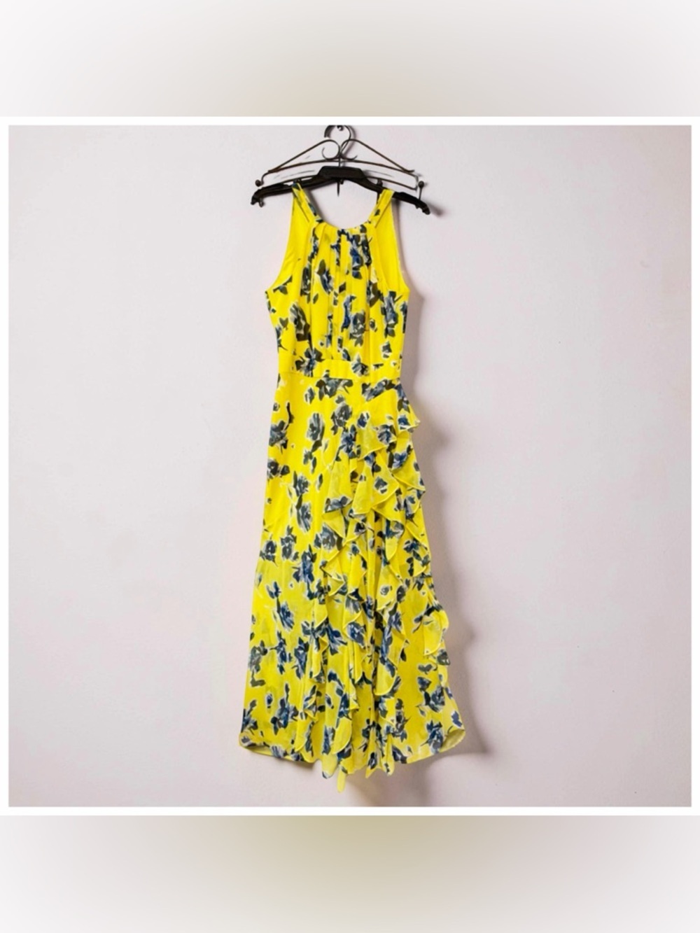 Eliza J Yellow & Blue Floral Ruffle Maxi Dress | Sleeveless Bright Summer | Sz 8